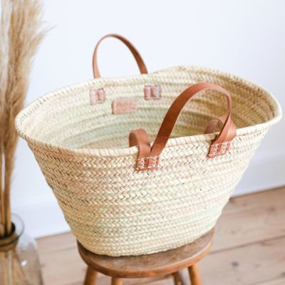 Large basket bag with double leather handles in tan colourway